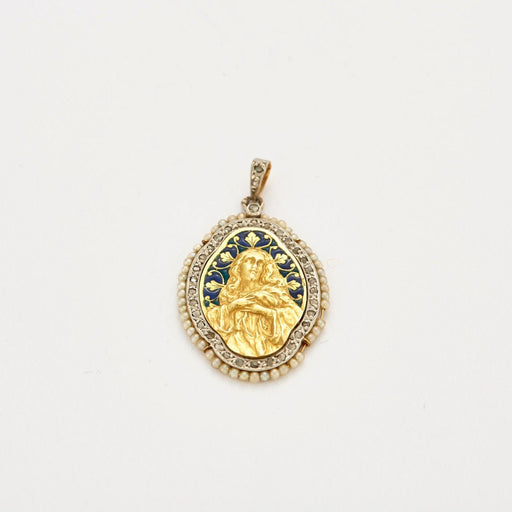 Pendentif Médaille de la Vierge Marie or, diamants et perles, vers 1900 58 Facettes