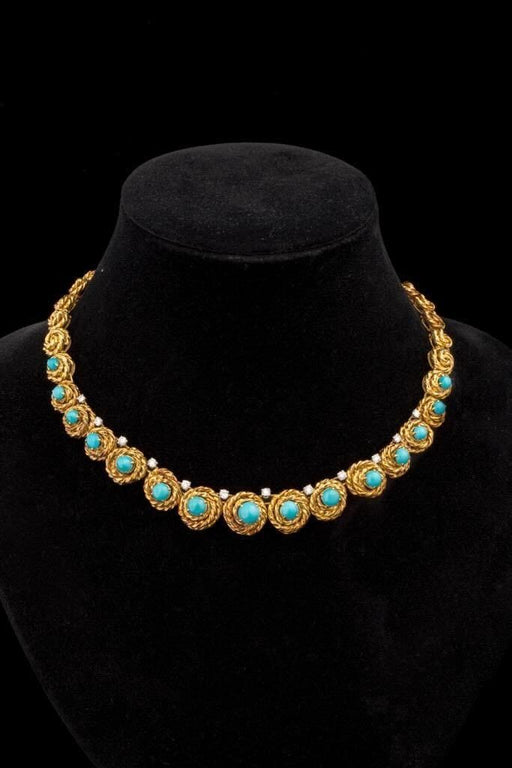 Collier Van Cleef & Arpels - Demie parure en or jaune, turquoise et diamants 58 Facettes