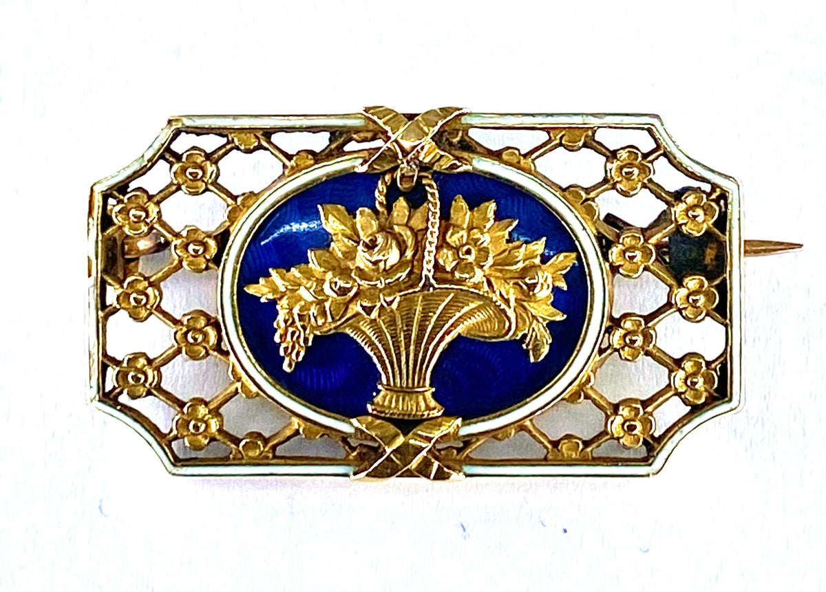 Broche panier fleuri émail bleu et blanc 8726831890761 58 Facettes