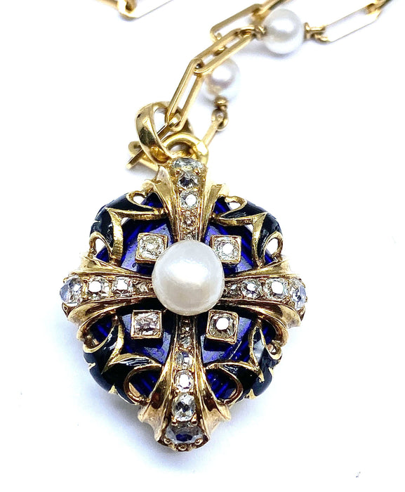 Collier Pendentif sur chaîne émail perles diamants Napoléon III 58 Facettes