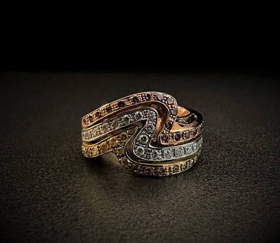 Bague Bague bandeau diamants FANCY roses, jaunes et blancs 58 Facettes