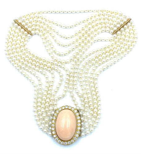 Collier Collier or jaune, perles, corail et diamants 58 Facettes
