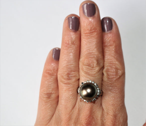 Bague Bague platine et perle grise de Tahiti 58 Facettes 384