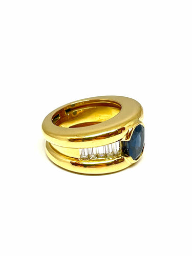 Bague Bague or jaune saphir ovale et diamants baguettes 58 Facettes