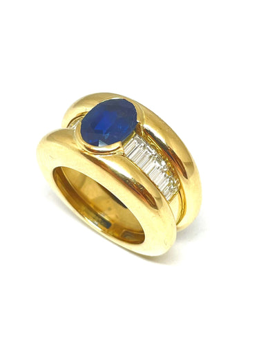 Bague Bague or jaune saphir ovale et diamants baguettes 58 Facettes