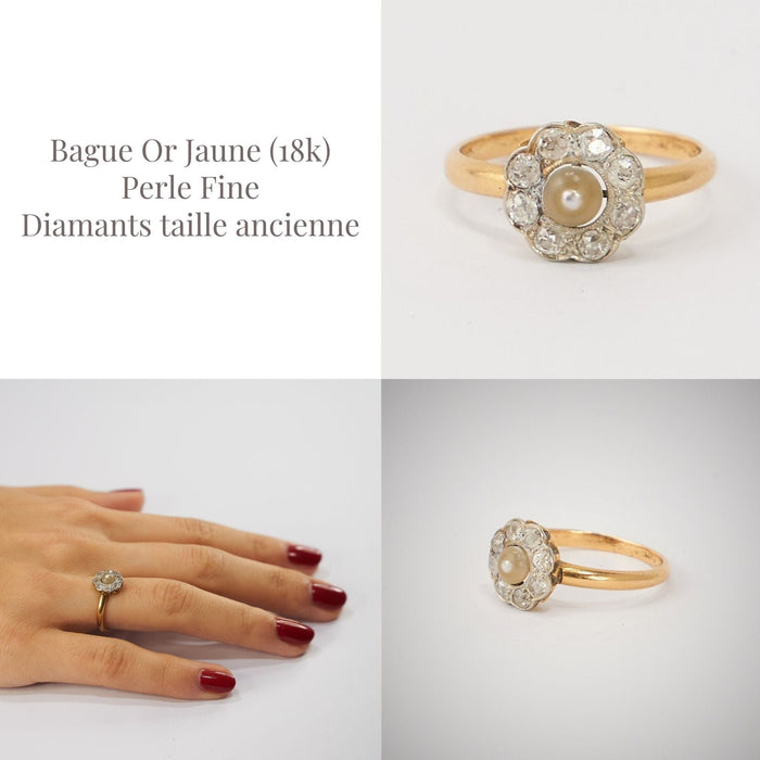 Bague Bague Fleur Or Jaune Perle Diamants 58 Facettes LOT 3489