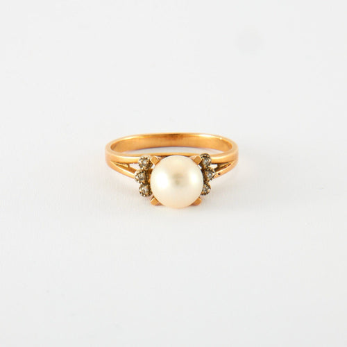 Bague 56.5 Bague en or jaune, diamants & perle 58 Facettes