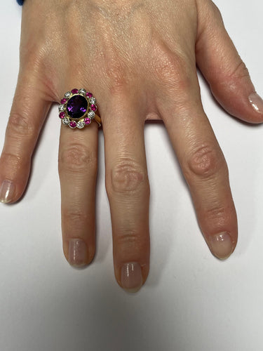Bague 55 Bague ovale festonnée Améthyste Diamants Rubis 58 Facettes