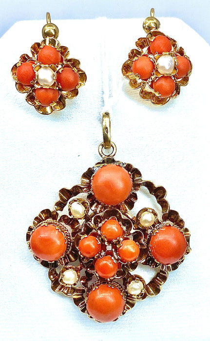 Boucles d'oreilles Parure Napoléon III - pendentif et boucles d’oreilles or, jaune, corail et perles fines 58 Facettes AB185