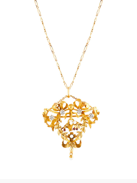 Pendentif Broche-pendentif Art Nouveau Diamants, Rubis, Perles 58 Facettes 634919