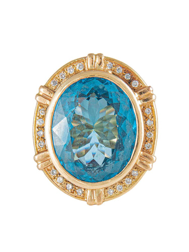 Bague 49 Importante Bague Chevalière, Topaze Bleue & Diamants, Or Jaune 58 Facettes