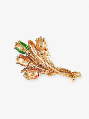 Broche Belle Broche en Or Jaune, Bouquet de Tulipes, Diamants et Email, Vers 1940 58 Facettes