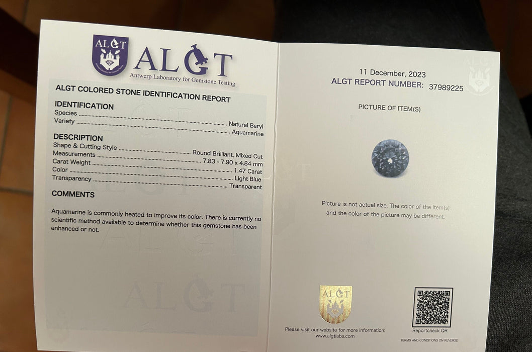 Gemstone Aigue marine 1,47cts certificat ALGT 58 Facettes 60