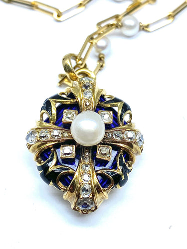 Collier Pendentif sur chaîne émail perles diamants Napoléon III 58 Facettes