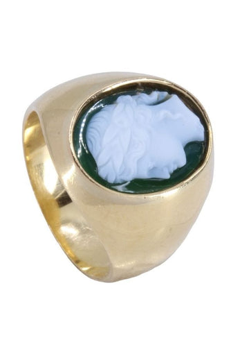 Bague CHEVALIÈRE ANCIENNE AGATE VERTE 58 Facettes 069421