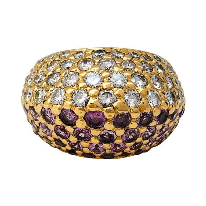 Poiray ring in yellow gold paved with diamonds and pink sapphires.