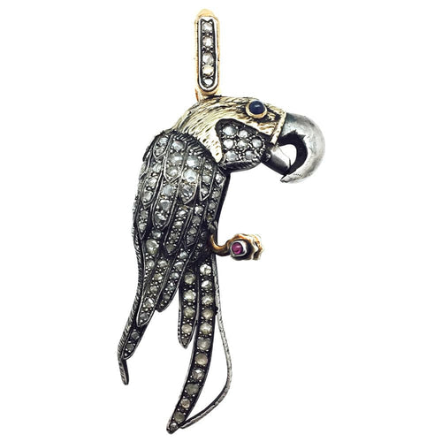 Pendentif Pendentif "Perroquet" en or jaune et argent, rubis, saphirs et diamants. 58 Facettes 26014