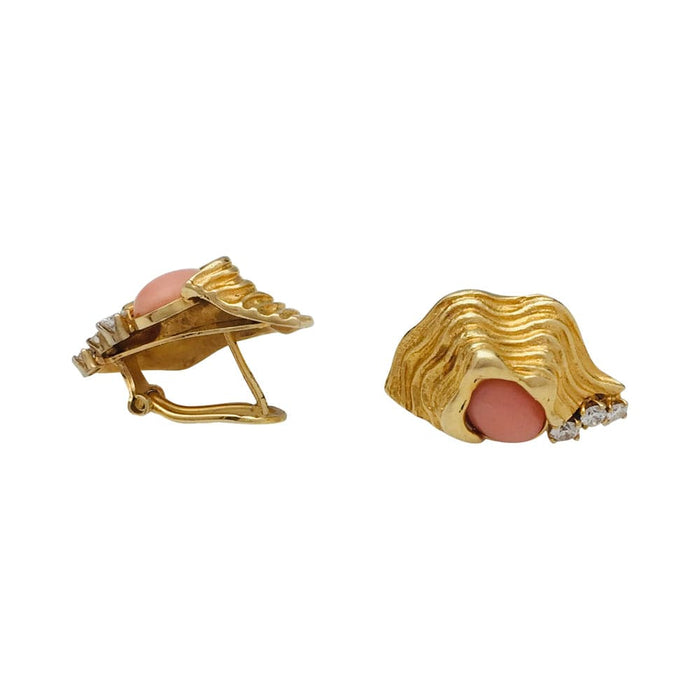 Yellow gold, coral and diamond clip earrings.