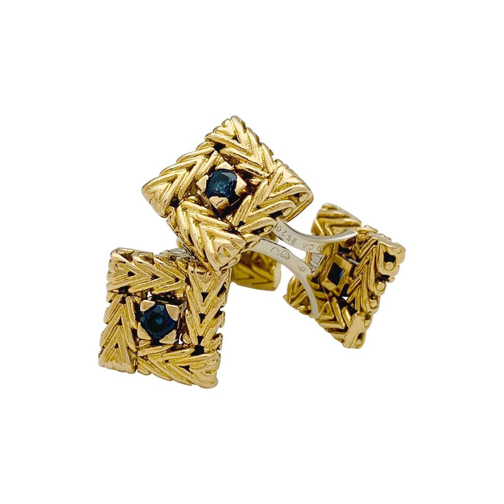 Boutons De Manchette Cabochon Saphir Bleu Naturel - Or Jaune 14 Carats - Neuf Emballé