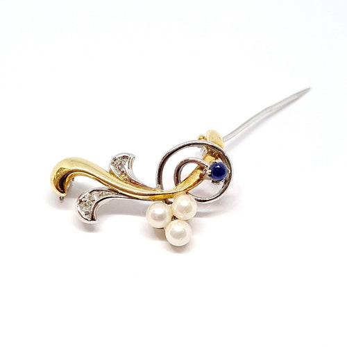 Broche Broche ancienne deux ors 18 carats saphir perles 58 Facettes