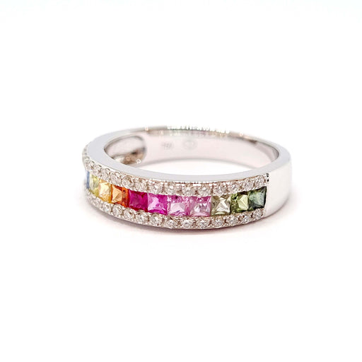 Bague Bague or blanc 18 carats saphirs multicolore & diamants 58 Facettes