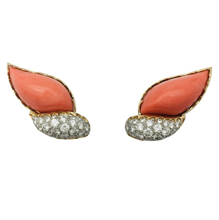 M.Gérard earrings in yellow gold, platinum, coral and diamonds.
