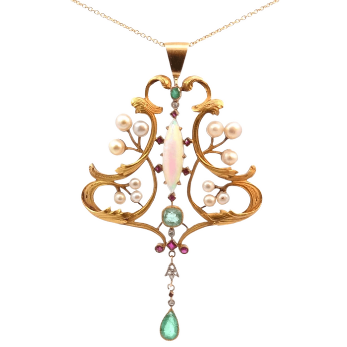 Pendentif Pendentif Art Nouveau opale, perles fines, émeraudes et rubis 58 Facettes 25545