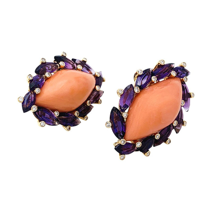 Yellow gold coral, amethyst and diamond earrings.