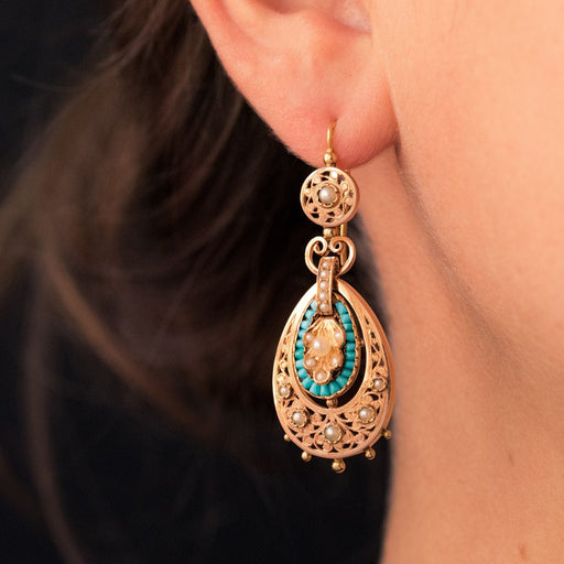Boucles d'oreilles Pendants d'oreilles anciens turquoises et perles fines 58 Facettes 17-326A