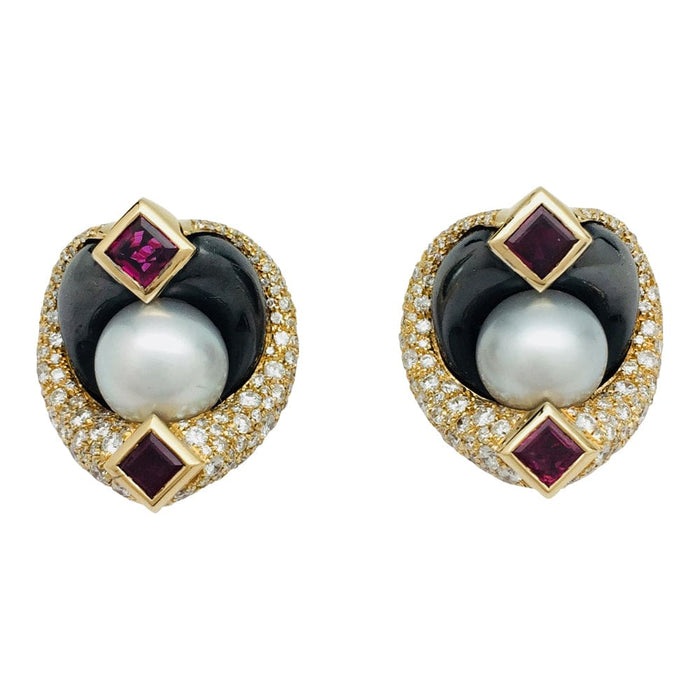 Boucles d'oreilles Marina B., hématite, rubis, perles et diamants.