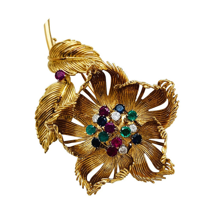 Broche Broche Cartier, "Fleur" en or jaune, diamants, émeraudes, rubis et saphirs. 58 Facettes 30236