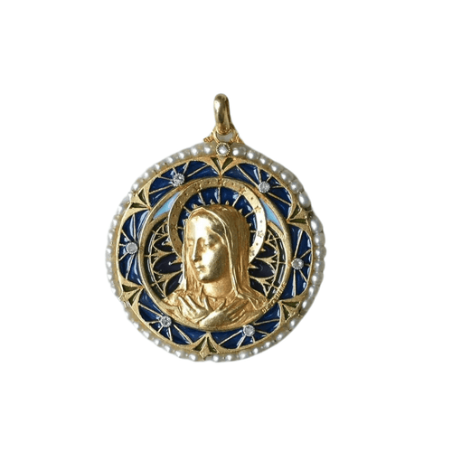 Pendentif Médaille Vierge Marie émail plique à jour perles diamants 58 Facettes