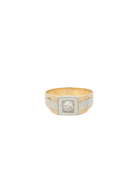Bague 57 Chevalière Art-Déco Or jaune Platine Diamant 58 Facettes J159