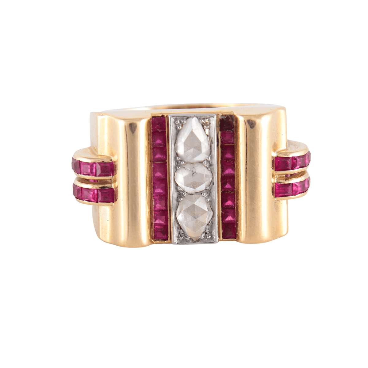 Bague Tank Or Rose 18 Carats – Diamants Et Pierres Rouges – Taille 52 – Occasion – Sans Marque
