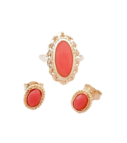 Bague Parure Bague + Boucles d'oreilles, en or, Corail en cabochon 58 Facettes AA 1549