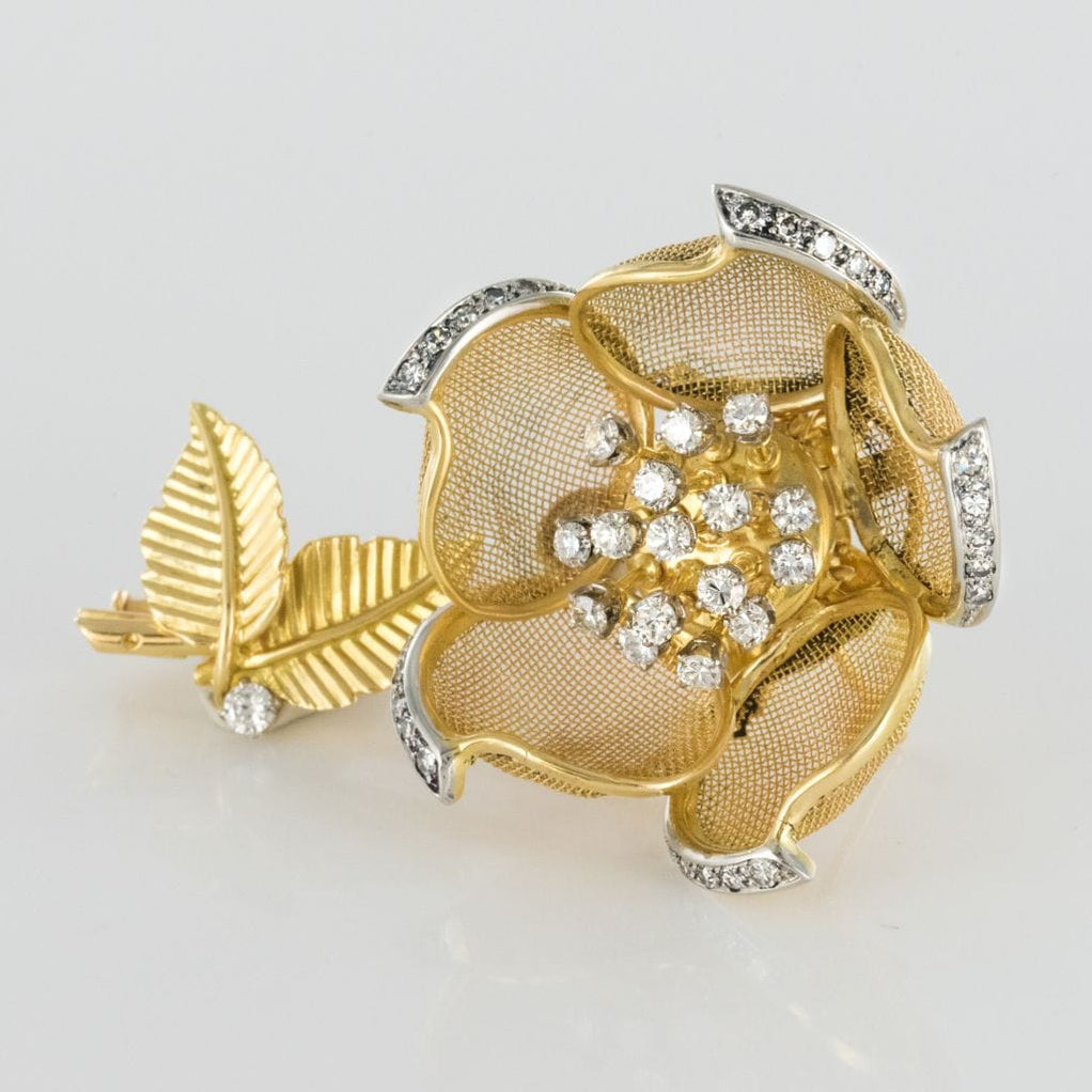 Broche Ancienne Fleur Rose – Plaqué Or Et Zirconium – Vintage XXème – Sans Marque