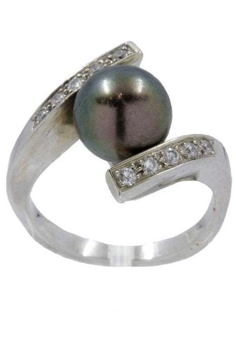 Modern black pearl and diamond ring