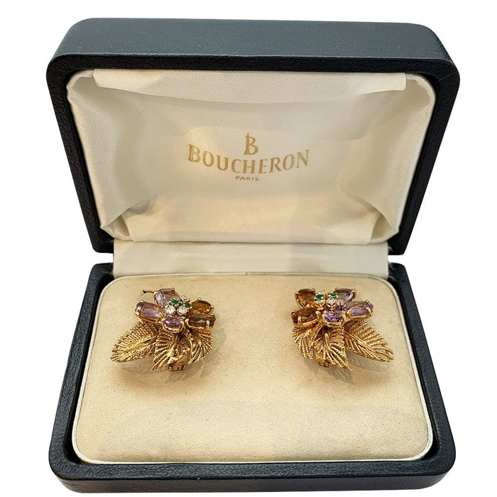 Boucles d'oreilles Boucles d'oreilles Boucheron "Fleur" or jaune et platine, pierres de couleur. 58 Facettes 30377