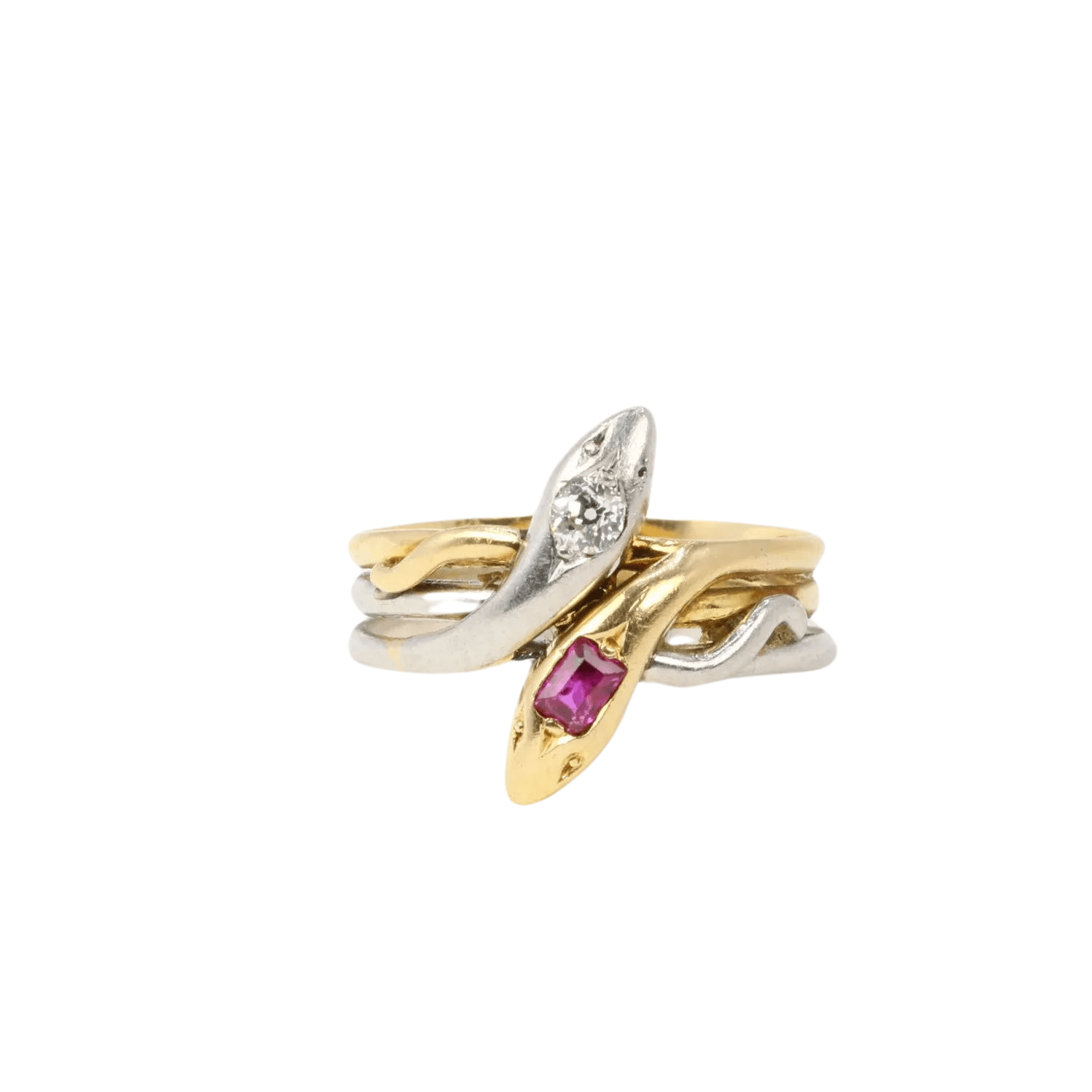 Bague Serpent Art Déco - Or Rose 18k Finement Tressé Et Rubis - Taille 54 - Circa 1970 - Occasion