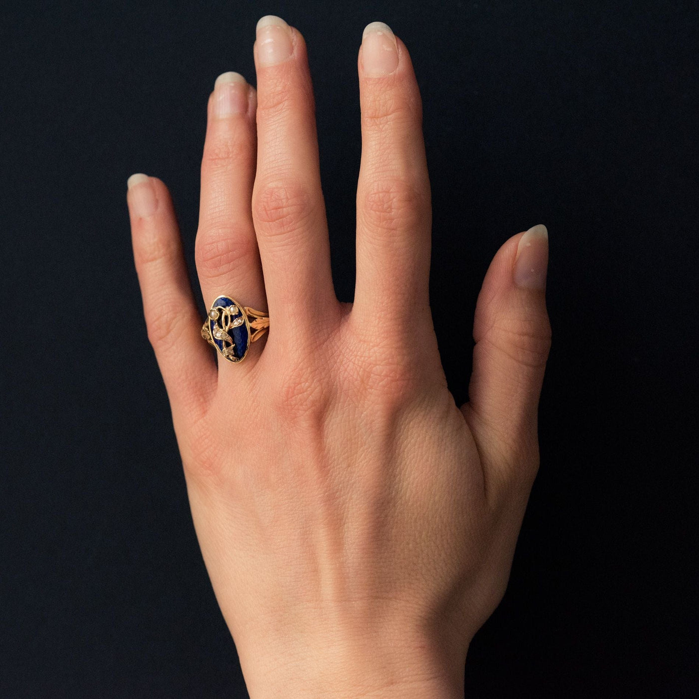 Bague Vintage Taille 56 En émail Bleu Et Cristaux - Occasion En Bon état