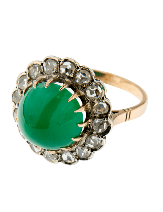 Yellow gold and silver ring, Sugarloaf Chrysoprase and diamonds