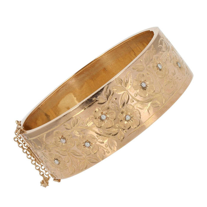 Bracelet Bracelet jonc or rose ancien à décor floral et ses perles fines 58 Facettes 20-026